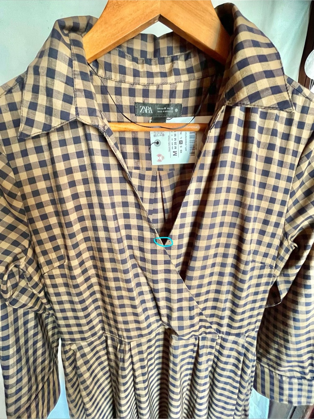 Zara Checkered Poplin Midi Shirt Dress Plaid Long Sleeves Caramel Navy Medium - Picture 9 of 16